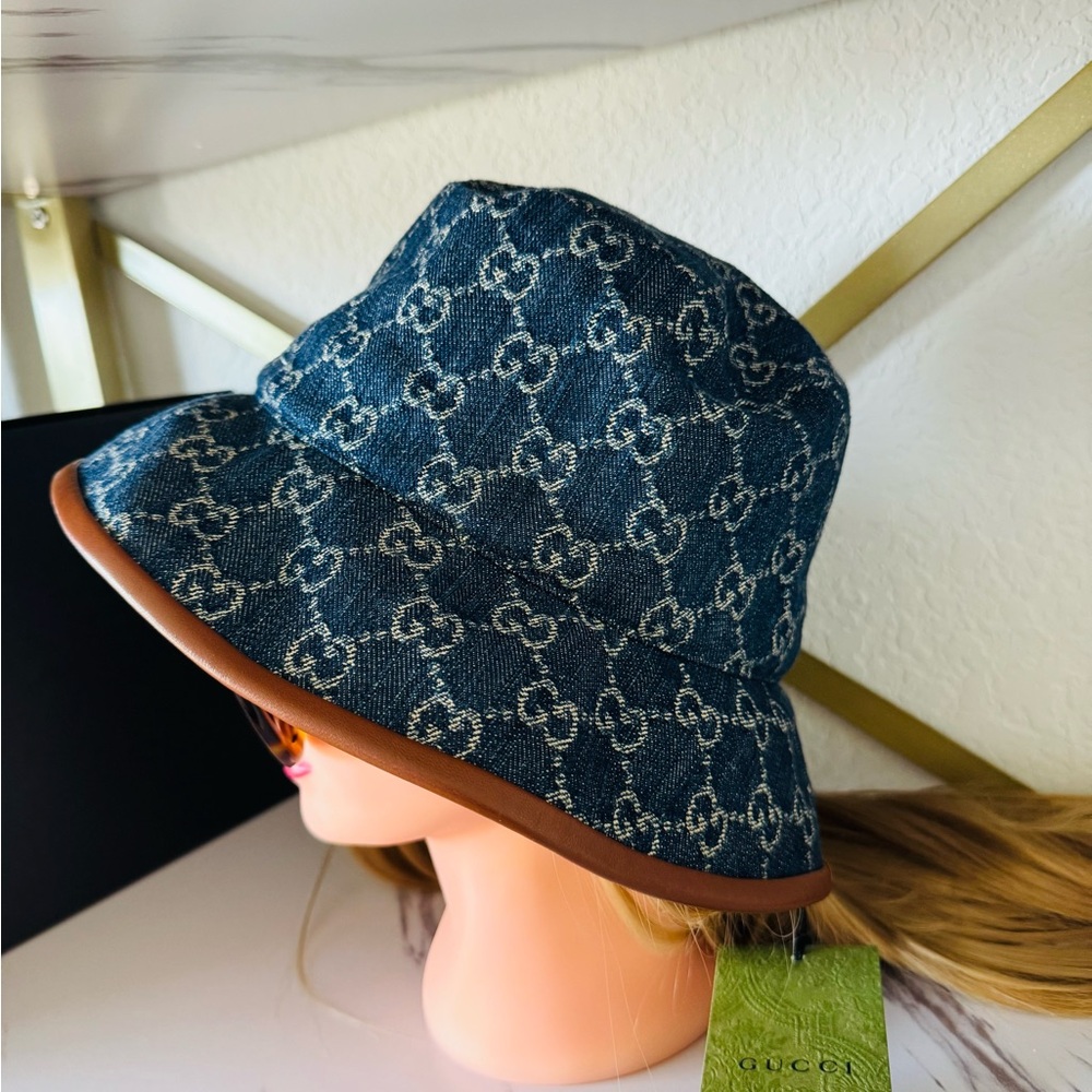 Gucci Blue Monogram Denim Hat with Tan Trim sz M